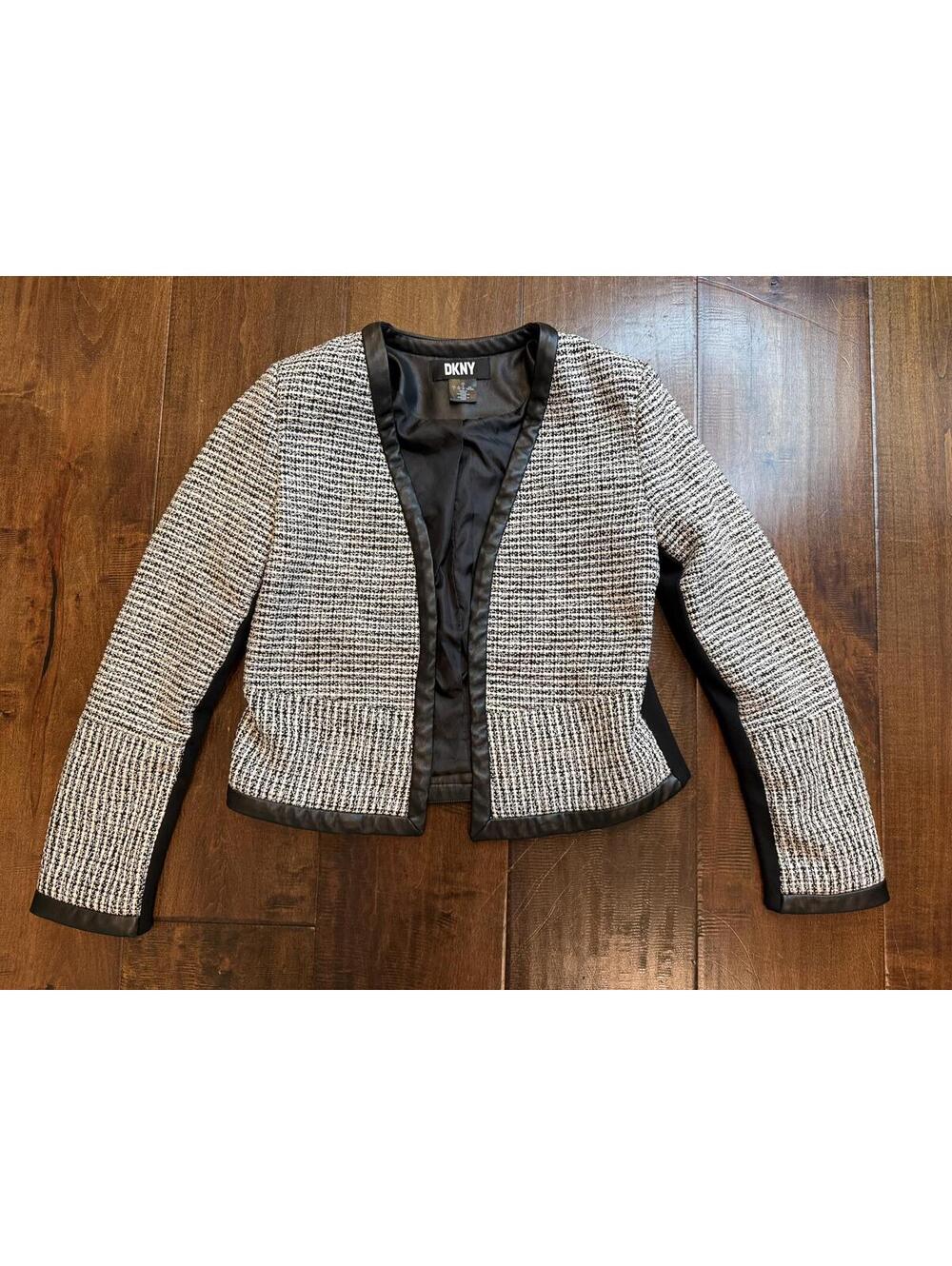 DKNY Women’s Size 2 Tweed Open Front Blazer Black White Faux Leather